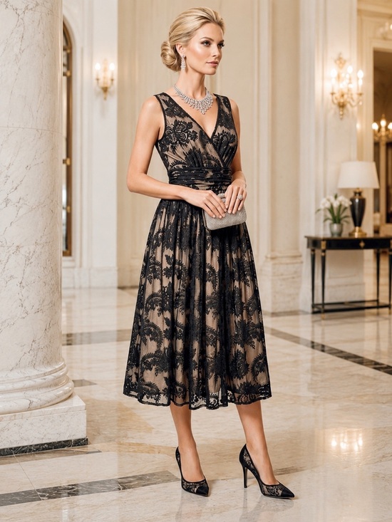 Newport News Dresses & Skirts - Vintage 90s Newport News Black Lace Midi Dress 6 Nude Lining 1995 Deadstock NWOT
